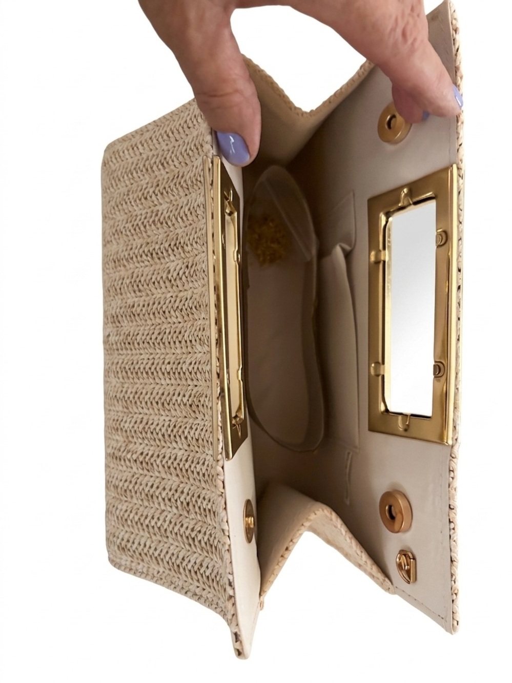 Straw Clutch with Beige Cat-Eye Sunglasses - Picture 2 of 5